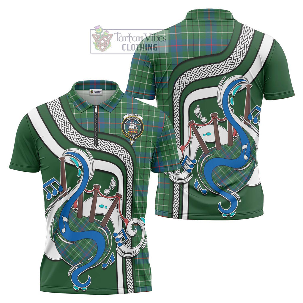 Duncan Ancient Tartan Zipper Polo Shirt with Epic Bagpipe Style Unisex - Tartanvibesclothing Shop