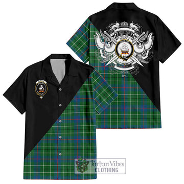 Duncan Ancient Tartan Short Sleeve Button Shirt with Family Crest and Military Logo Style