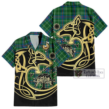 Duncan Ancient Tartan Short Sleeve Button Shirt with Family Crest Celtic Wolf Style