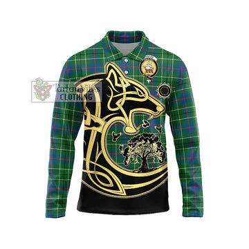 Duncan Ancient Tartan Long Sleeve Polo Shirt with Family Crest Celtic Wolf Style