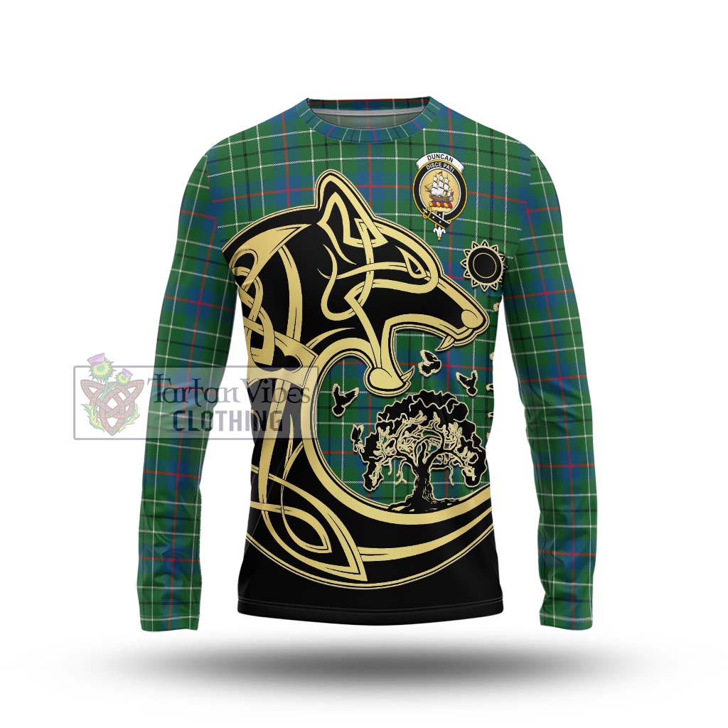 Tartan Vibes Clothing Duncan Ancient Tartan Long Sleeve T-Shirt with Family Crest Celtic Wolf Style