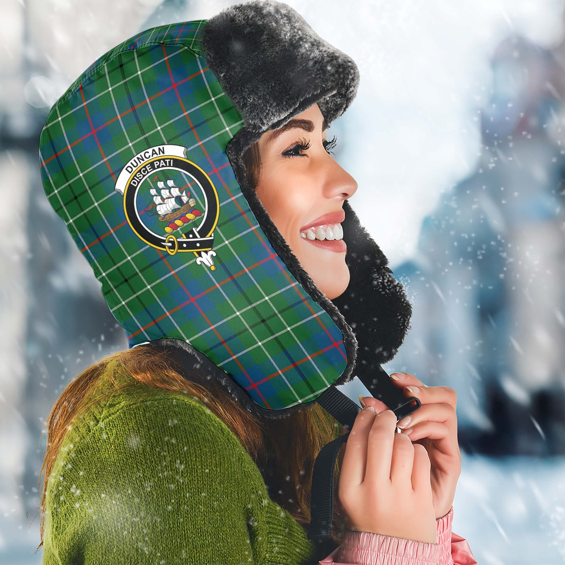 Duncan Ancient Tartan Winter Trapper Hat with Family Crest Winter Trapper Hat Universal Fit Circumference 22.8in (58cm) - Tartanvibesclothing