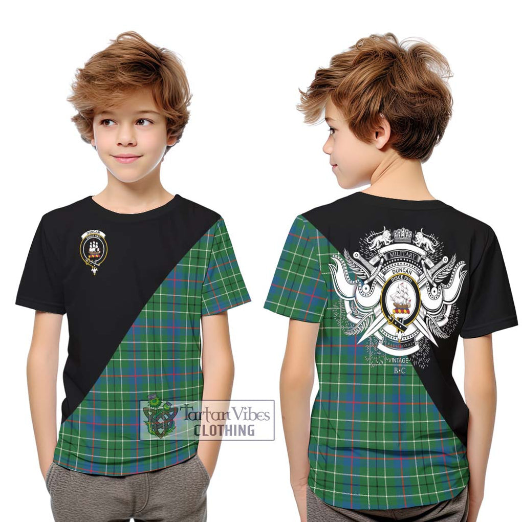 Duncan Ancient Tartan Kid T-Shirt with Family Crest and Military Logo Style Youth XL Size14 - Tartanvibesclothing Shop