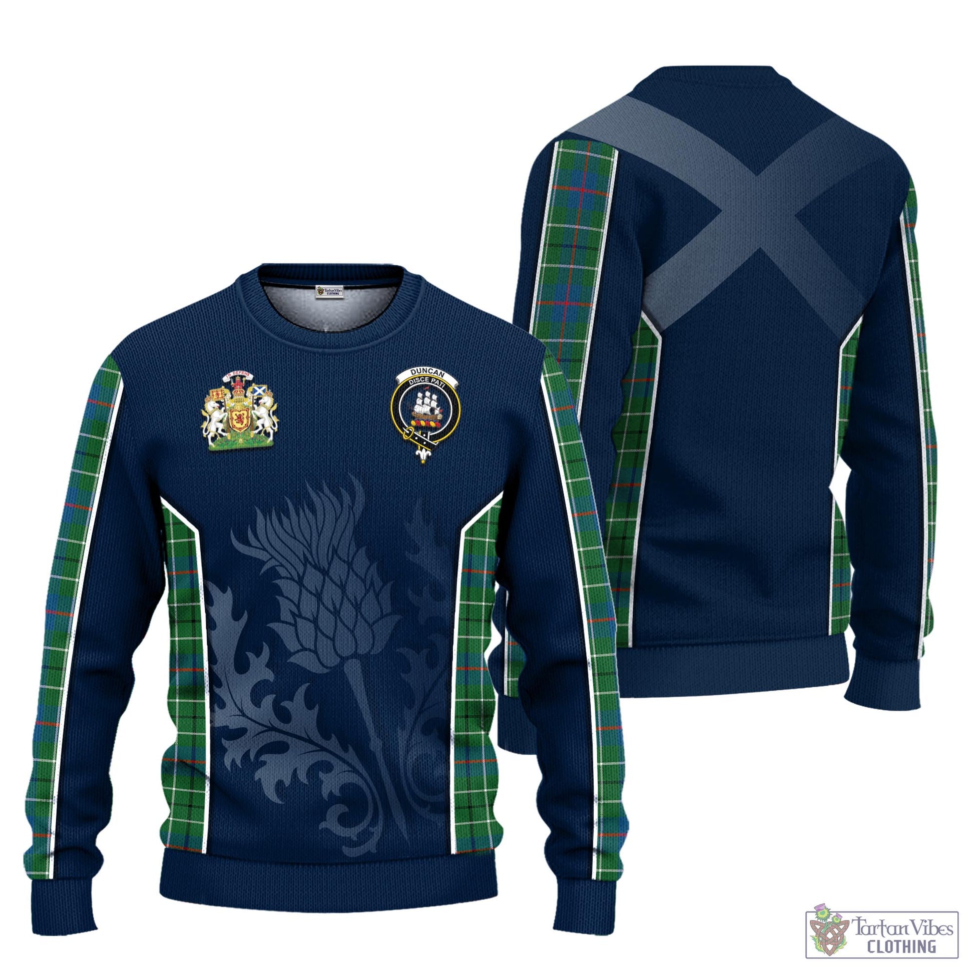 Tartan Vibes Clothing Duncan Ancient Tartan Knitted Sweatshirt with Family Crest and Scottish Thistle Vibes Sport Style