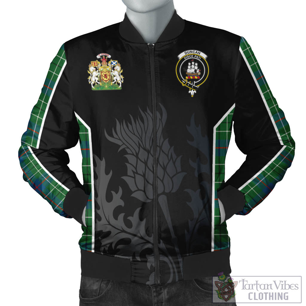 Tartan Vibes Clothing Duncan Ancient Tartan Bomber Jacket with Family Crest and Scottish Thistle Vibes Sport Style