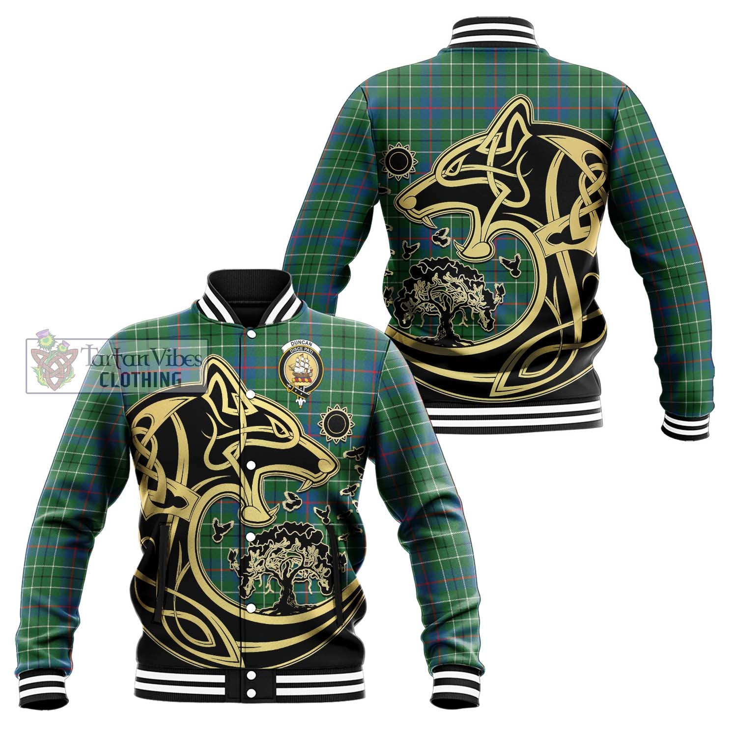 Tartan Vibes Clothing Duncan Ancient Tartan Baseball Jacket with Family Crest Celtic Wolf Style