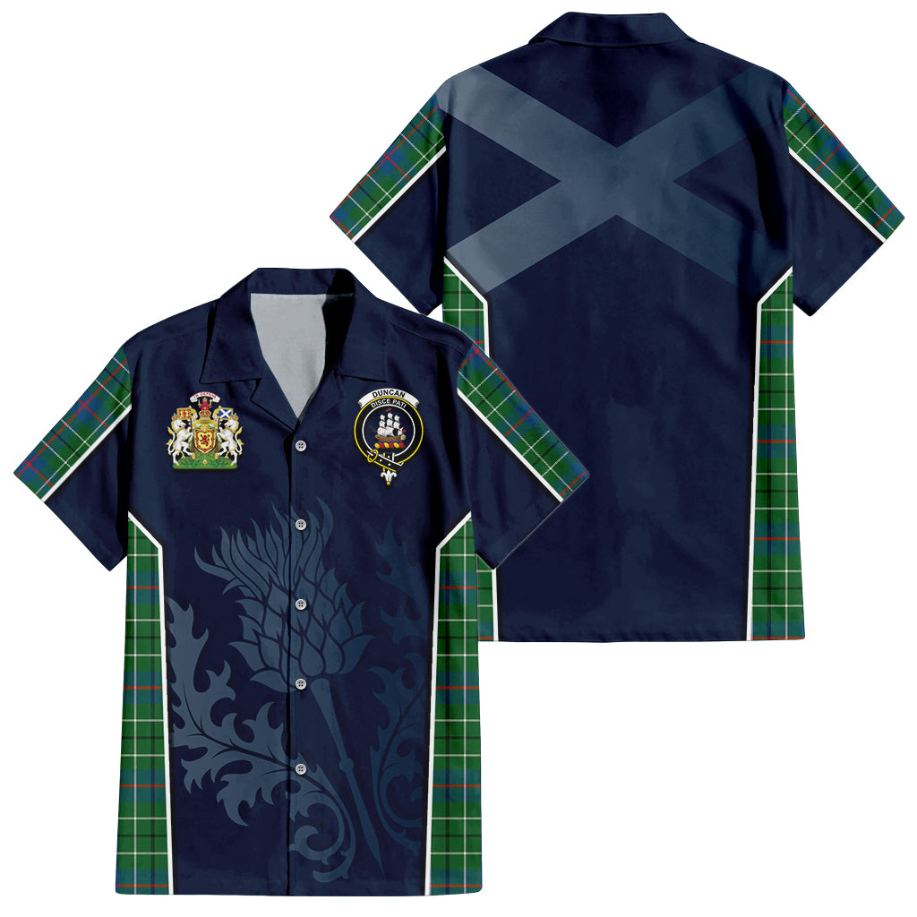 Tartan Vibes Clothing Duncan Ancient Tartan Short Sleeve Button Up Shirt with Family Crest and Scottish Thistle Vibes Sport Style
