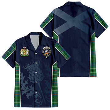 Duncan Ancient Tartan Short Sleeve Button Up Shirt with Family Crest and Scottish Thistle Vibes Sport Style
