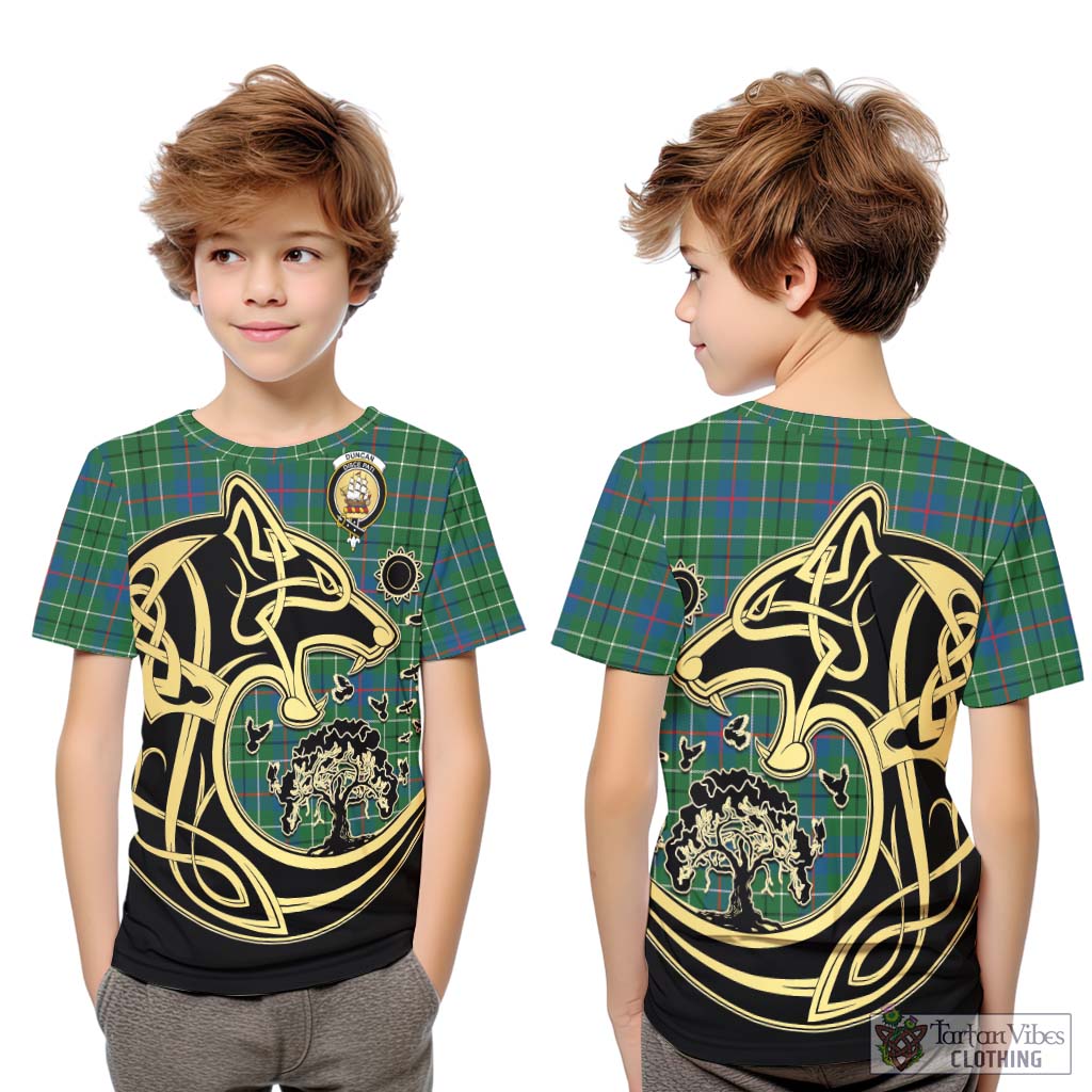 Tartan Vibes Clothing Duncan Ancient Tartan Kid T-Shirt with Family Crest Celtic Wolf Style