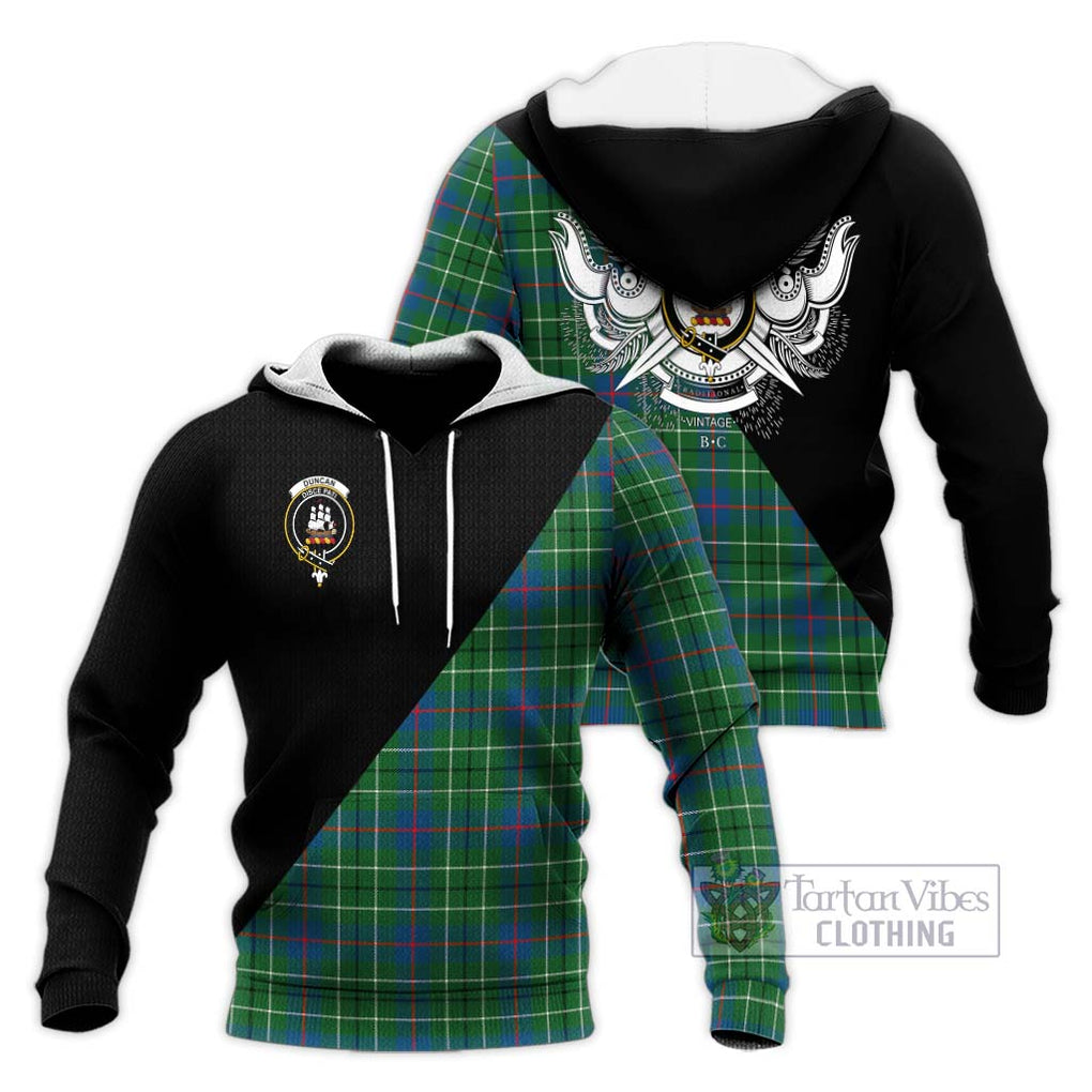 Duncan Ancient Tartan Knitted Hoodie with Family Crest and Military Logo Style Unisex Knitted Pullover Hoodie - Tartanvibesclothing Shop