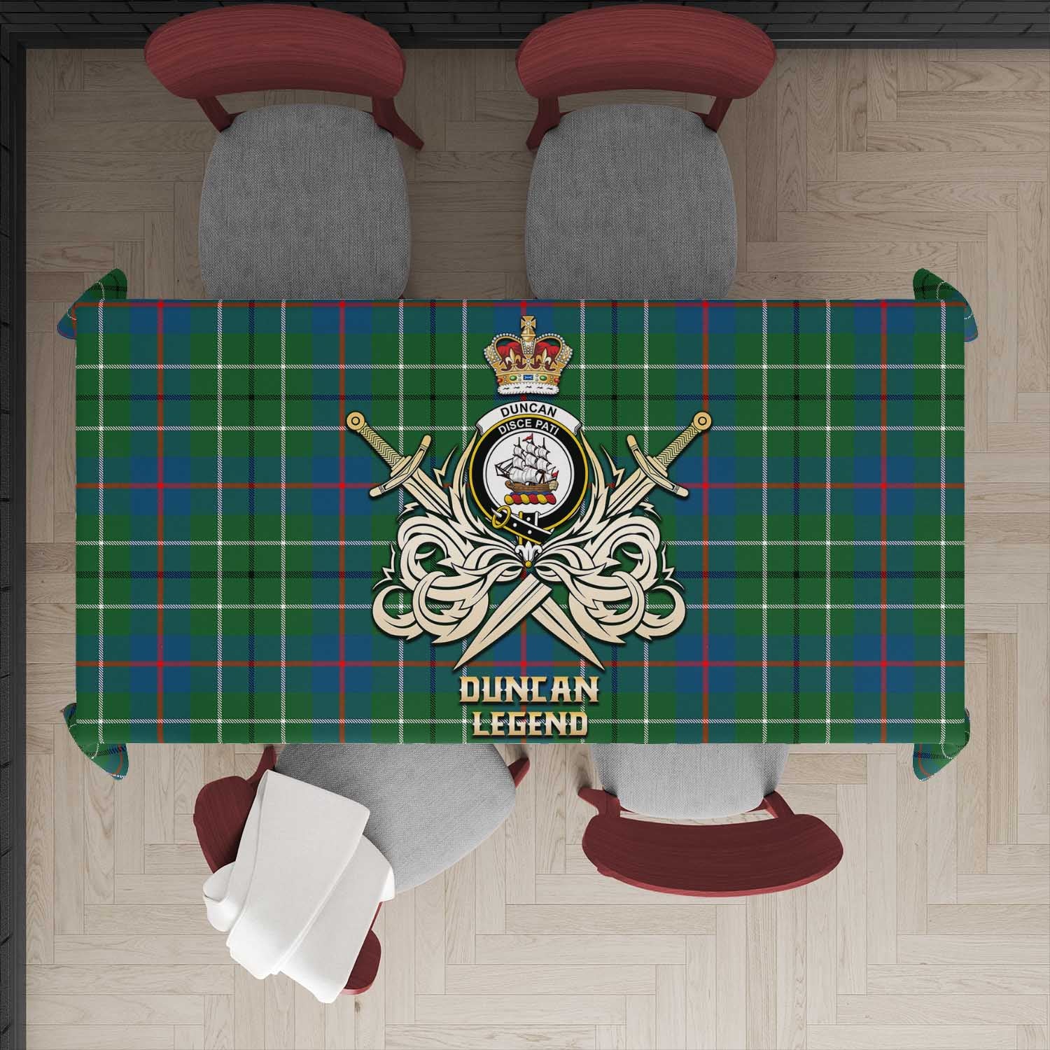 Tartan Vibes Clothing Duncan Ancient Tartan Tablecloth with Clan Crest and the Golden Sword of Courageous Legacy