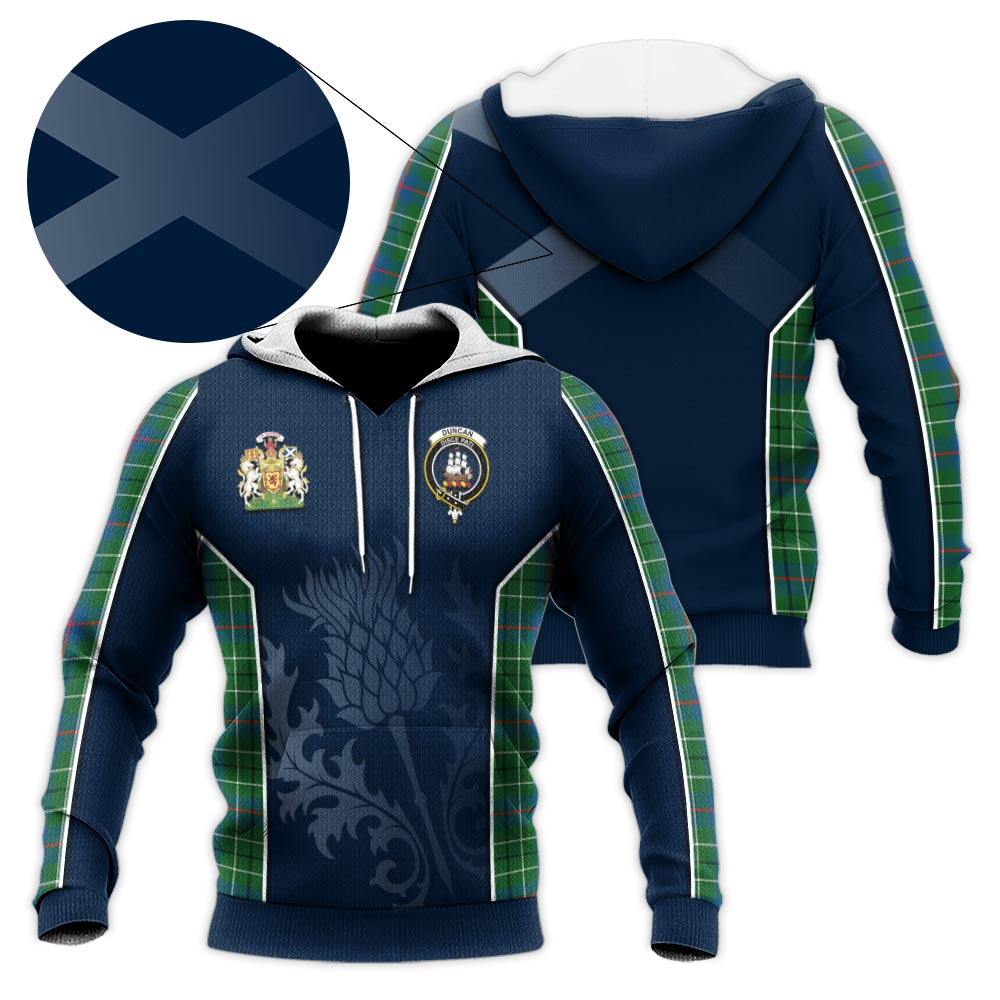 Tartan Vibes Clothing Duncan Ancient Tartan Knitted Hoodie with Family Crest and Scottish Thistle Vibes Sport Style
