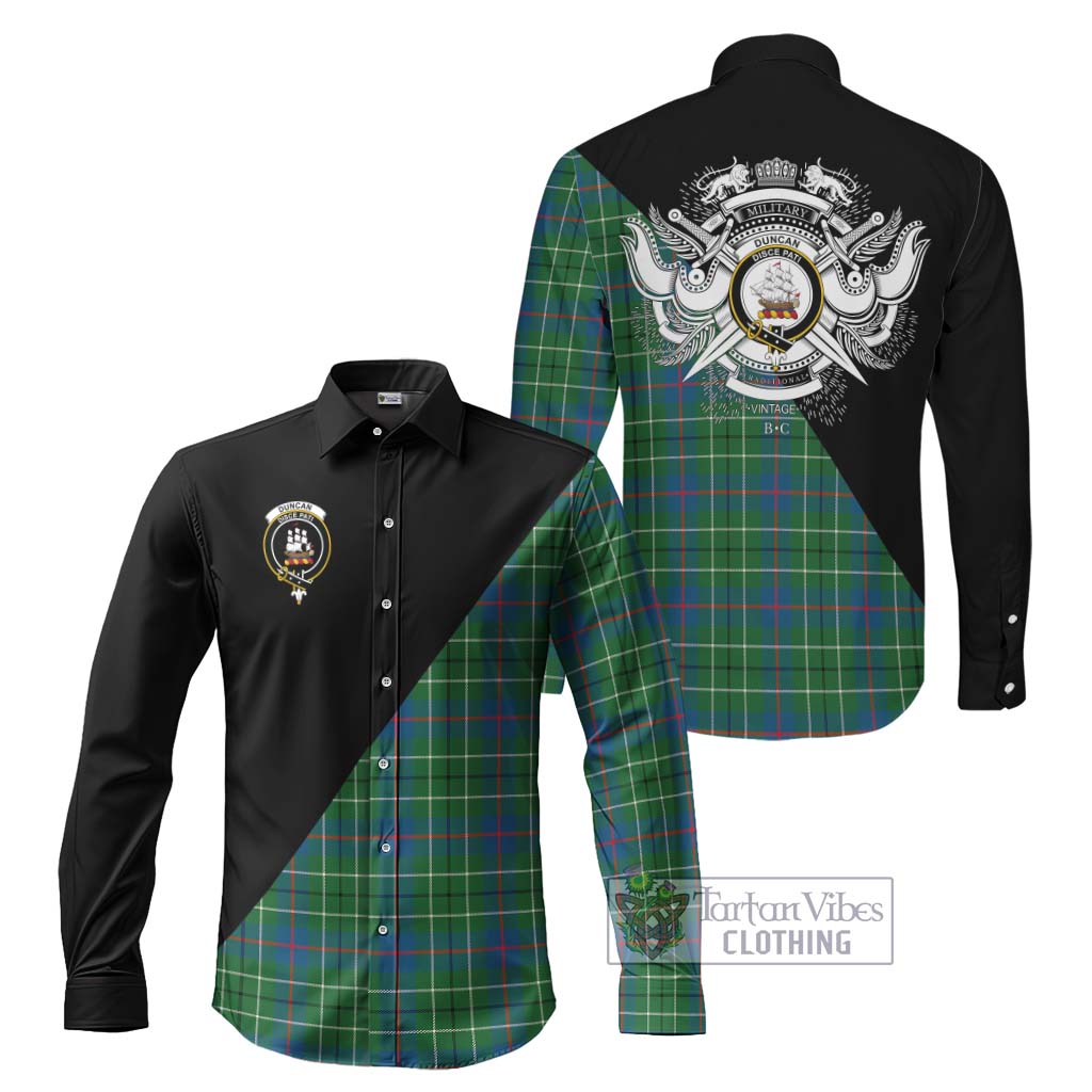 Tartan Vibes Clothing Duncan Ancient Tartan Long Sleeve Button Shirt with Family Crest and Military Logo Style