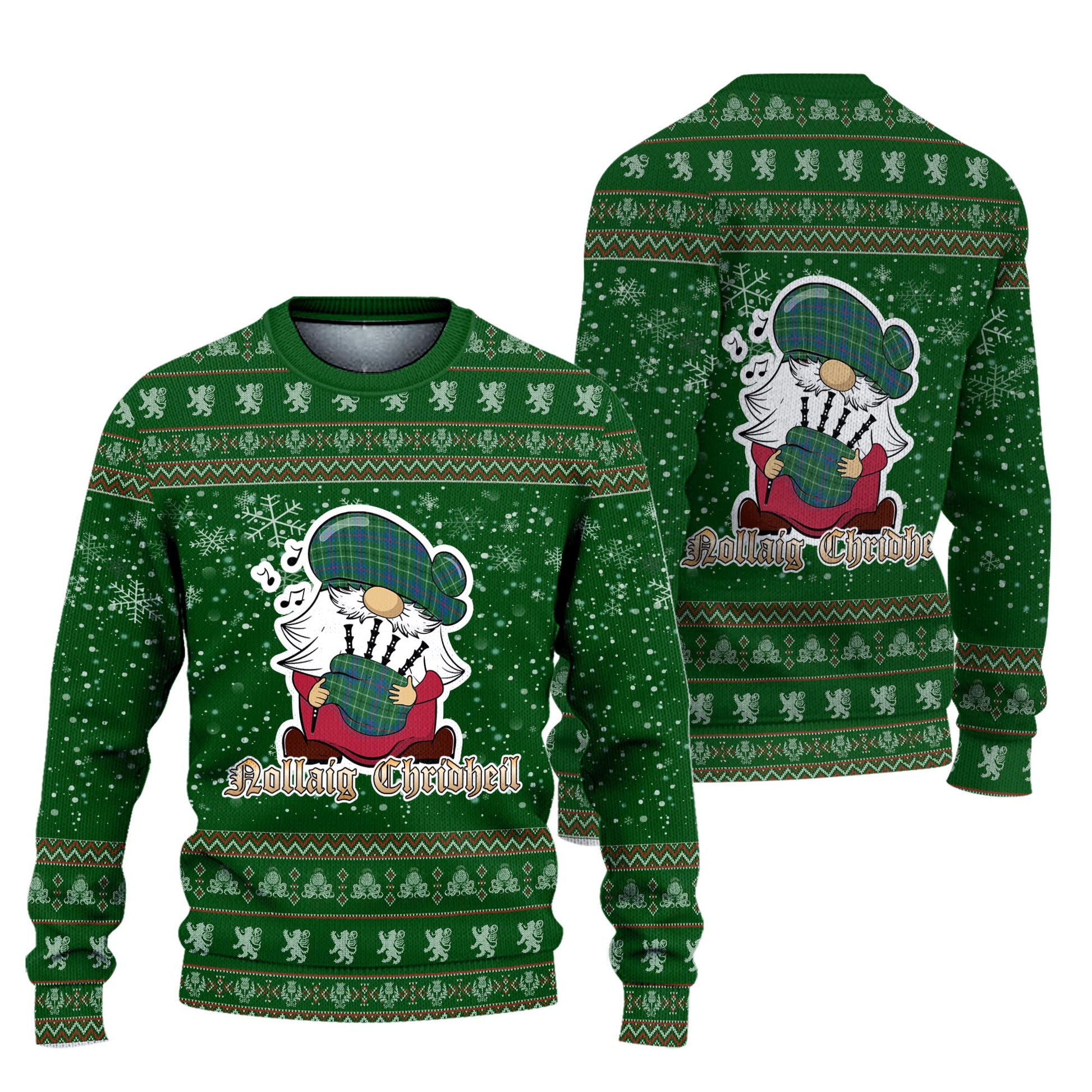 Duncan Ancient Clan Christmas Family Knitted Sweater with Funny Gnome Playing Bagpipes Unisex Green - Tartanvibesclothing