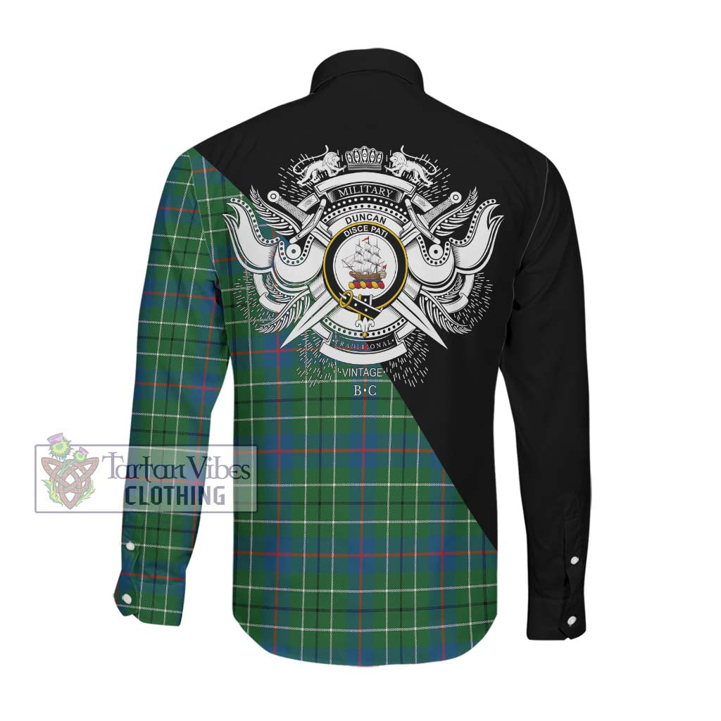 Tartan Vibes Clothing Duncan Ancient Tartan Long Sleeve Button Shirt with Family Crest and Military Logo Style