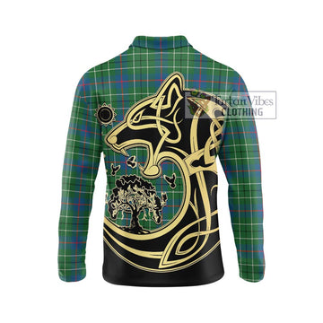 Duncan Ancient Tartan Long Sleeve Polo Shirt with Family Crest Celtic Wolf Style