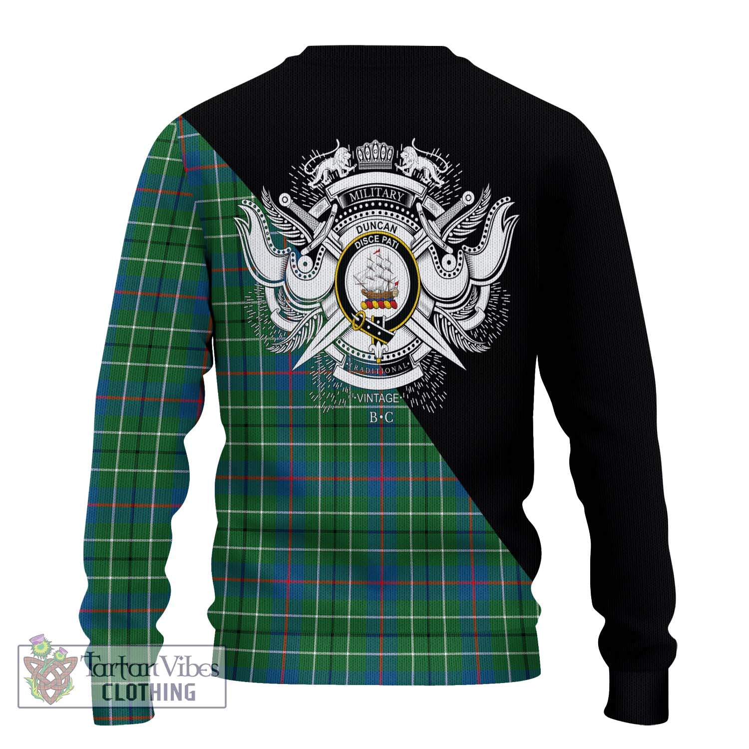 Tartan Vibes Clothing Duncan Ancient Tartan Knitted Sweater with Family Crest and Military Logo Style