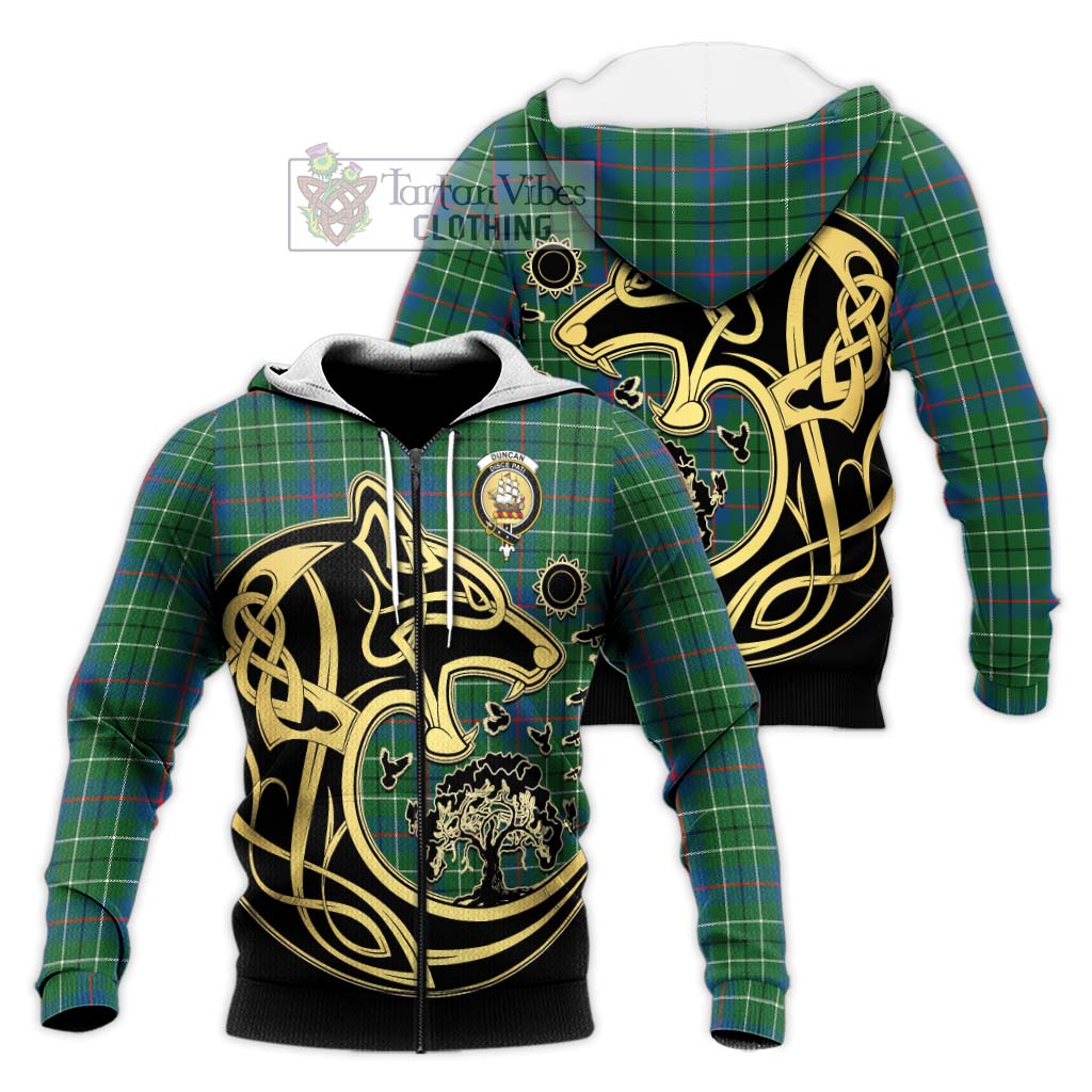 Tartan Vibes Clothing Duncan Ancient Tartan Knitted Hoodie with Family Crest Celtic Wolf Style