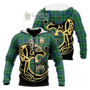 Duncan Ancient Tartan Knitted Hoodie with Family Crest Celtic Wolf Style