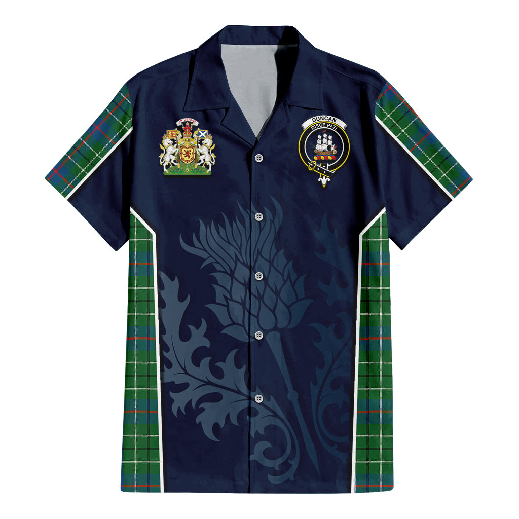 Tartan Vibes Clothing Duncan Ancient Tartan Short Sleeve Button Up Shirt with Family Crest and Scottish Thistle Vibes Sport Style