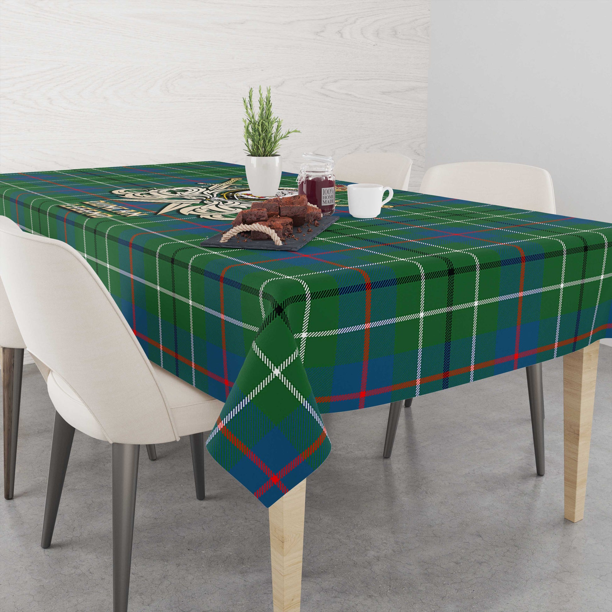 Tartan Vibes Clothing Duncan Ancient Tartan Tablecloth with Clan Crest and the Golden Sword of Courageous Legacy