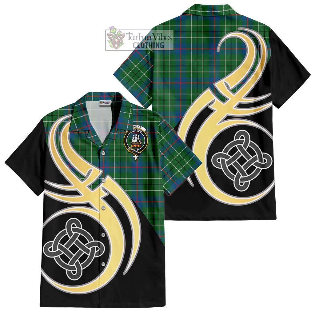 Duncan Ancient Tartan Short Sleeve Button Shirt with Family Crest and Celtic Symbol Style - Tartan Vibes Clothing