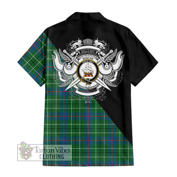 Duncan Ancient Tartan Short Sleeve Button Shirt with Family Crest and Military Logo Style