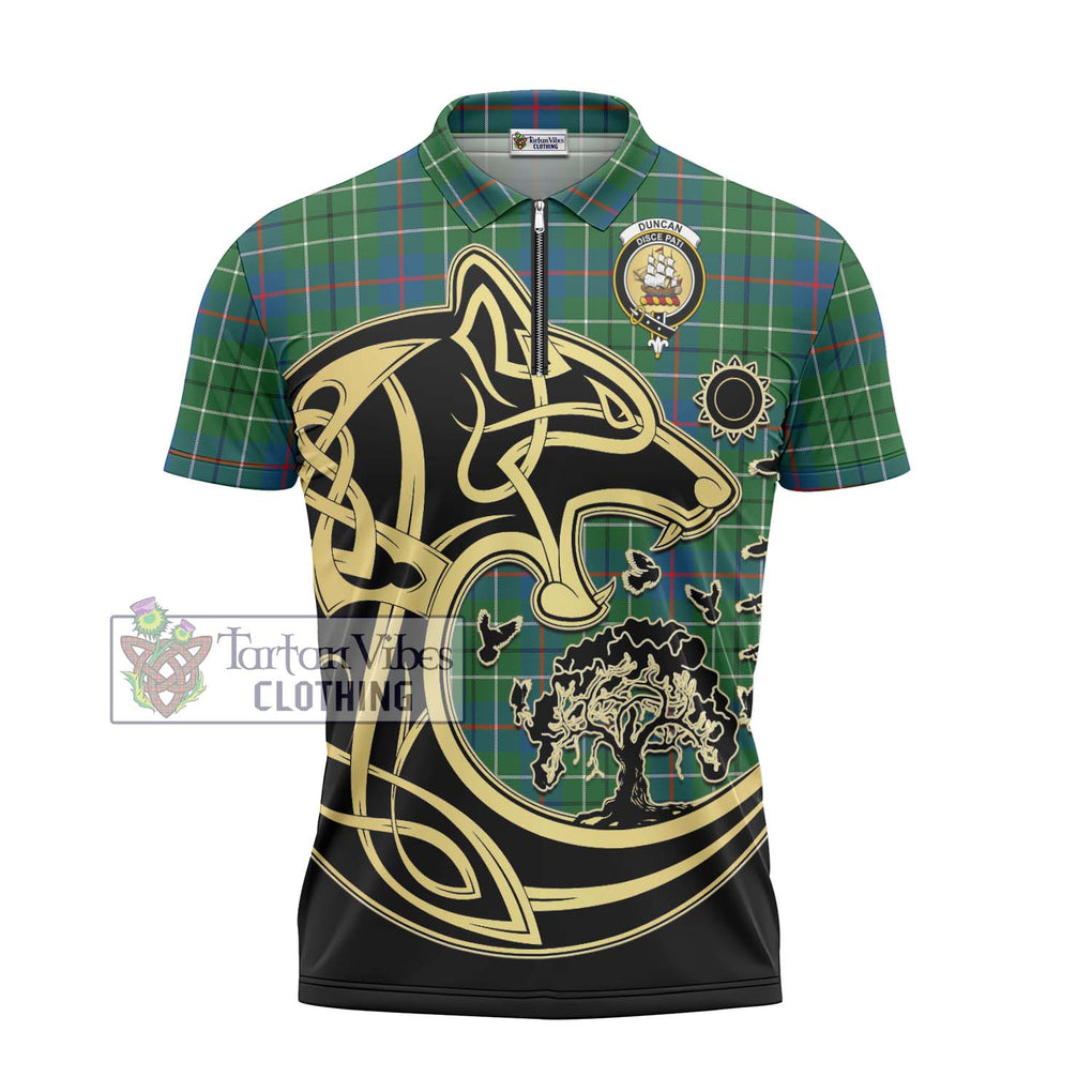 Duncan Ancient Tartan Zipper Polo Shirt with Family Crest Celtic Wolf Style - Tartanvibesclothing Shop