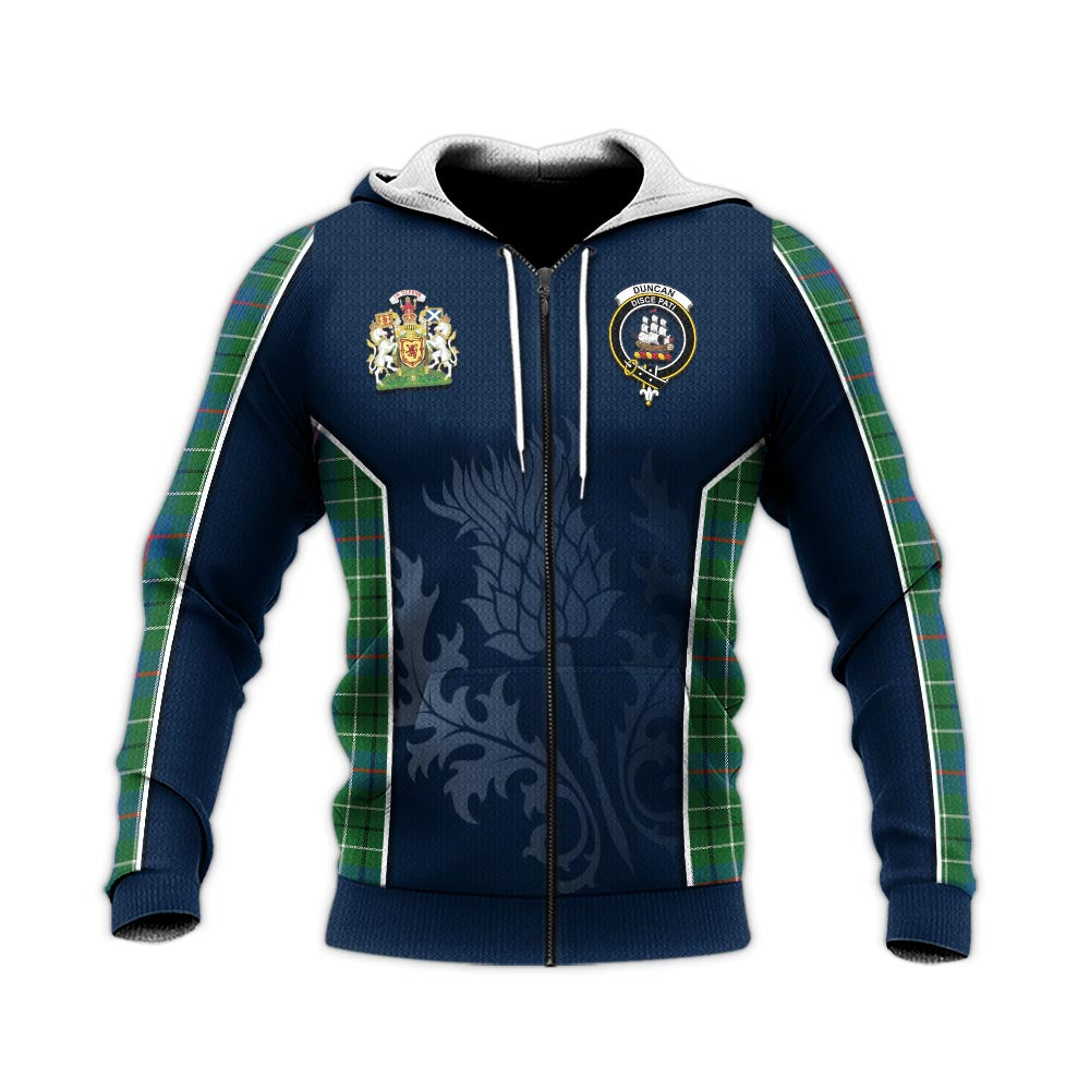 Tartan Vibes Clothing Duncan Ancient Tartan Knitted Hoodie with Family Crest and Scottish Thistle Vibes Sport Style