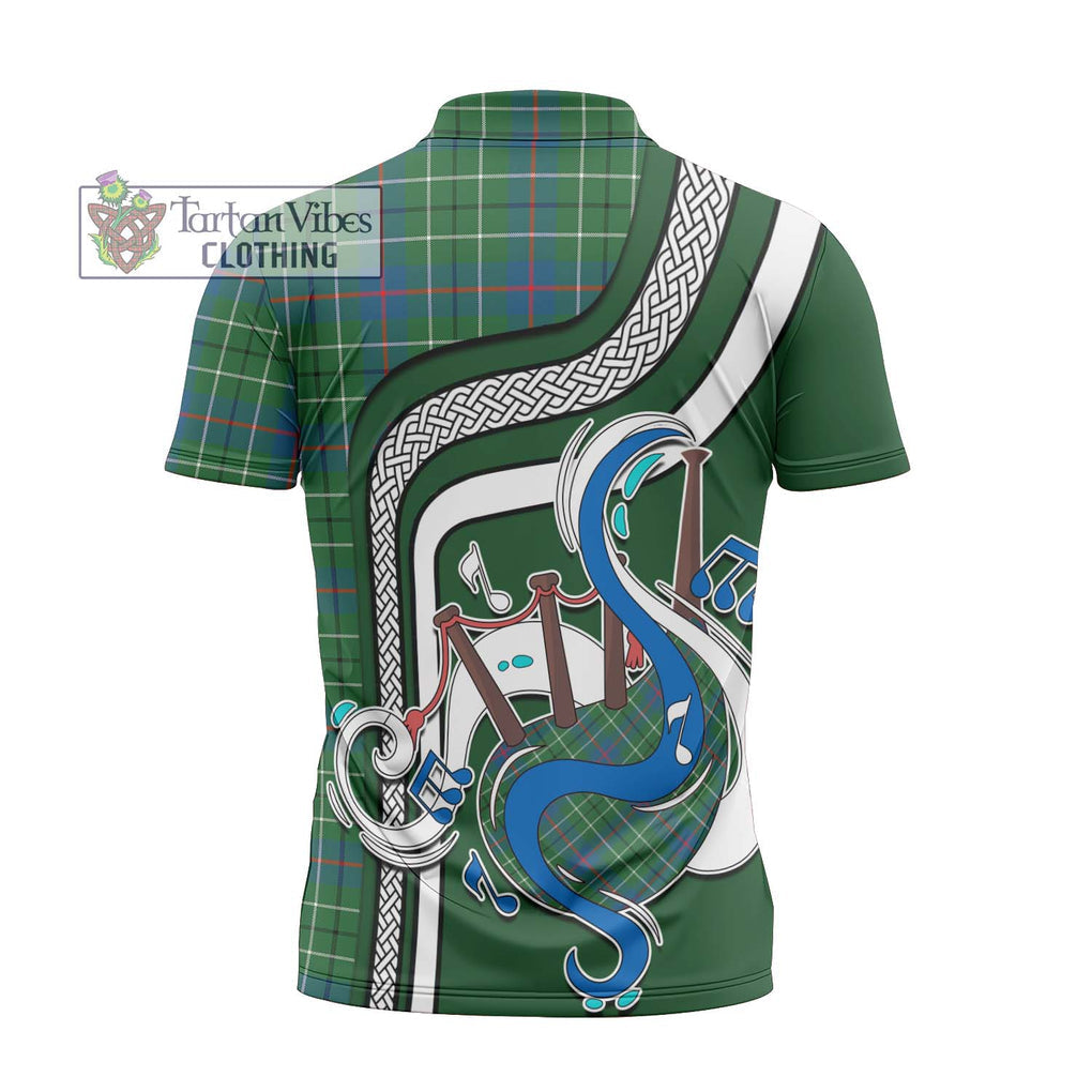 Duncan Ancient Tartan Zipper Polo Shirt with Epic Bagpipe Style - Tartanvibesclothing Shop