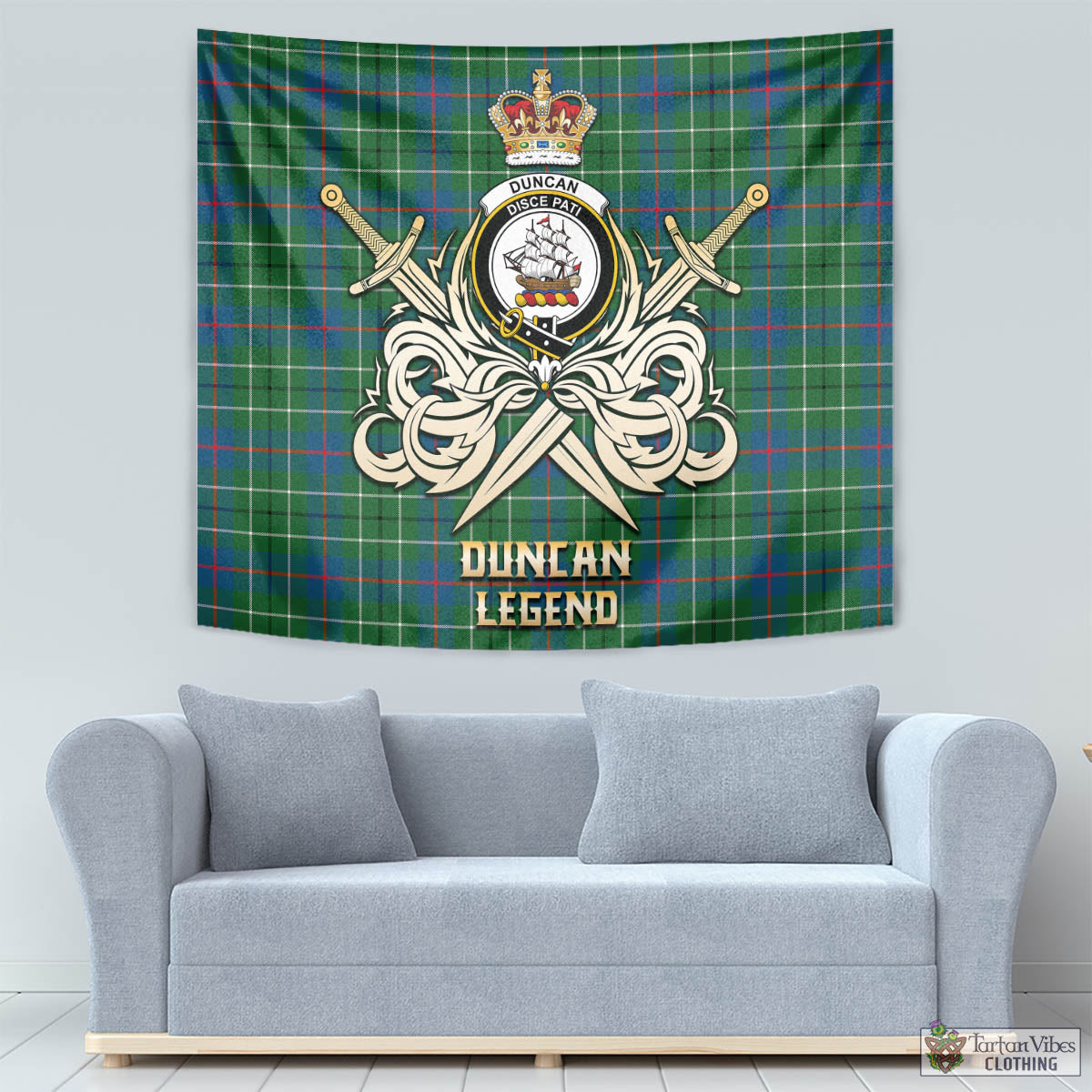 Tartan Vibes Clothing Duncan Ancient Tartan Tapestry with Clan Crest and the Golden Sword of Courageous Legacy