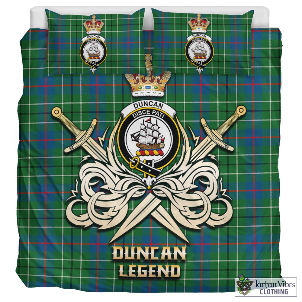 Tartan Vibes Clothing Duncan Ancient Tartan Bedding Set with Clan Crest and the Golden Sword of Courageous Legacy