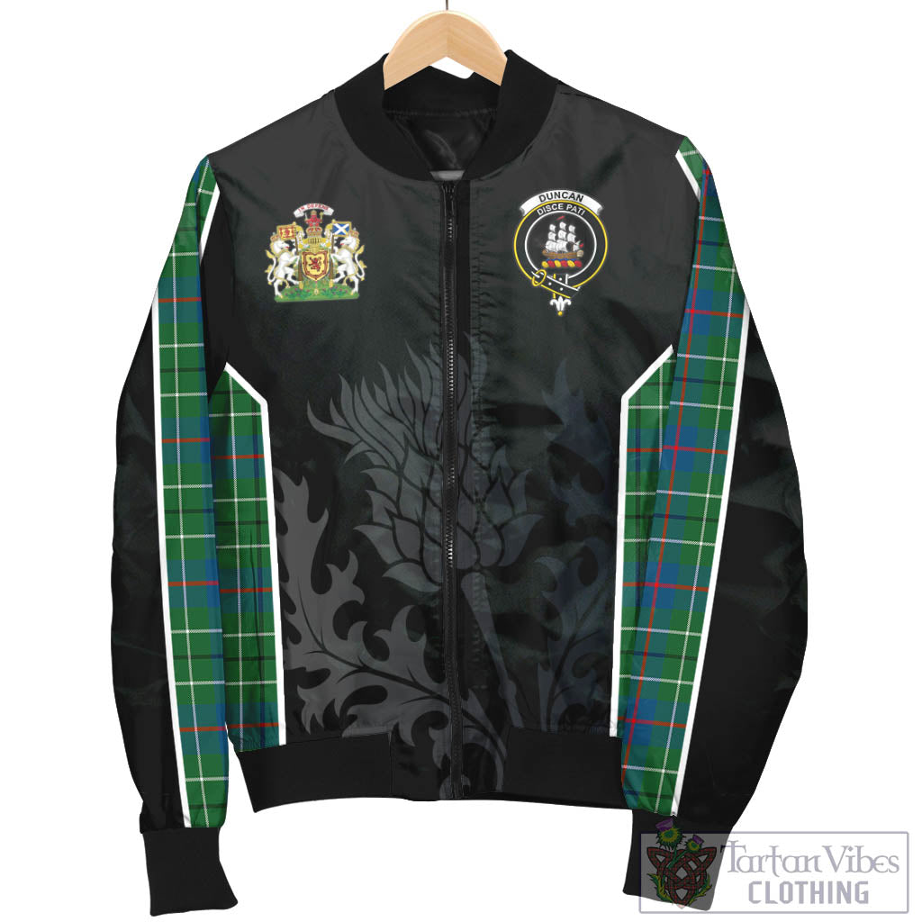 Tartan Vibes Clothing Duncan Ancient Tartan Bomber Jacket with Family Crest and Scottish Thistle Vibes Sport Style