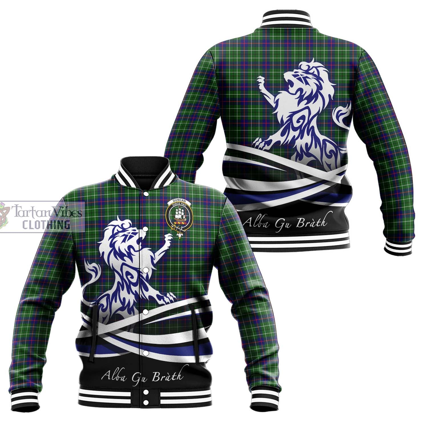 Tartan Vibes Clothing Duncan Modern Tartan Baseball Jacket with Alba Gu Brath Regal Lion Emblem