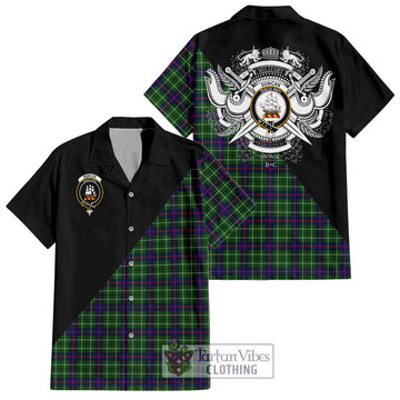 Duncan Modern Tartan Short Sleeve Button Shirt with Family Crest and Military Logo Style