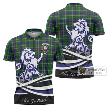 Duncan Modern Tartan Zipper Polo Shirt with Alba Gu Brath Regal Lion Emblem