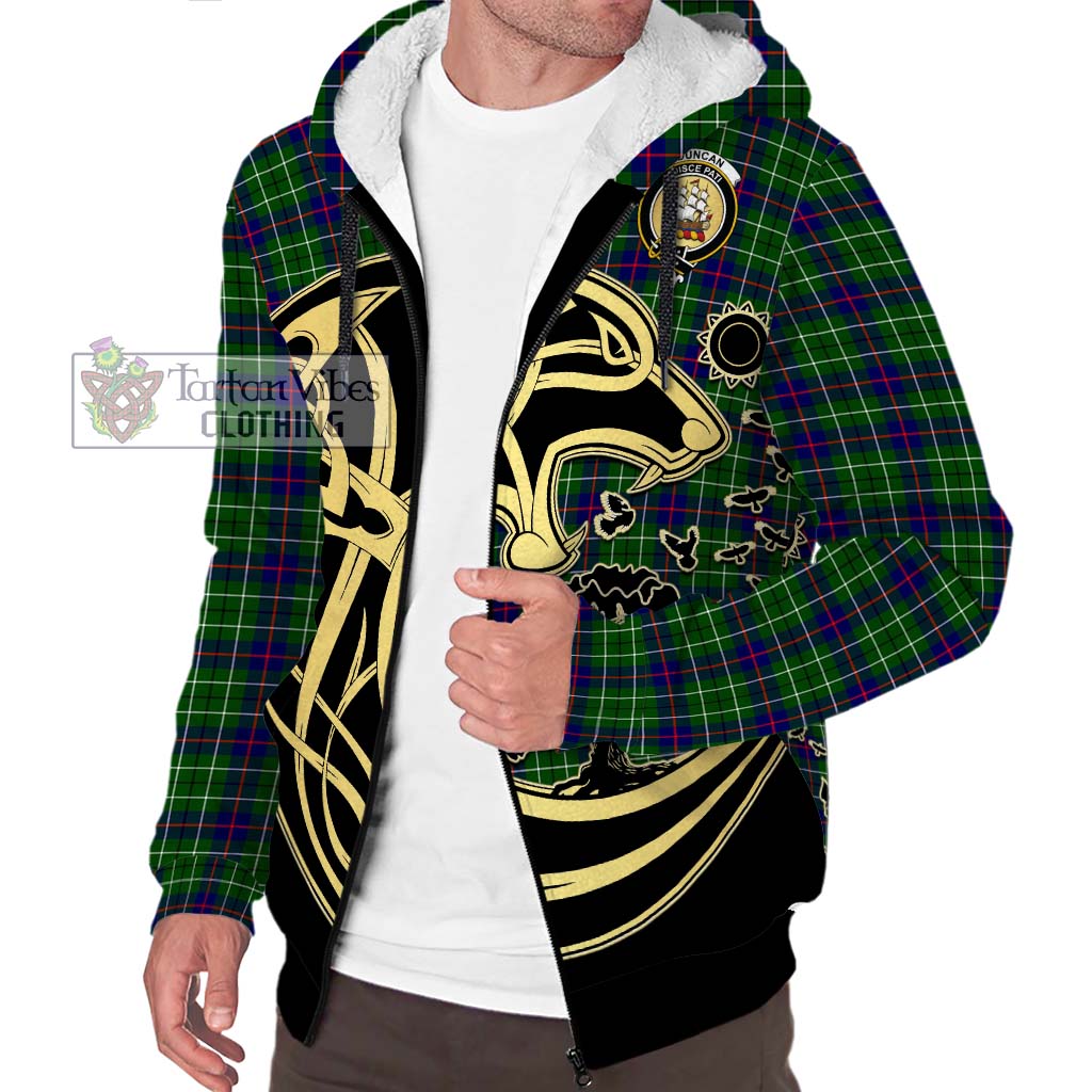Tartan Vibes Clothing Duncan Modern Tartan Sherpa Hoodie with Family Crest Celtic Wolf Style