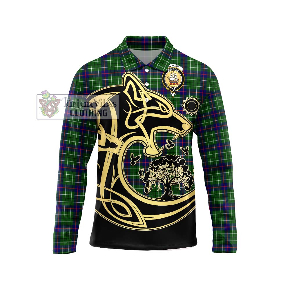 Duncan Modern Tartan Long Sleeve Polo Shirt with Family Crest Celtic Wolf Style Unisex - Tartanvibesclothing Shop