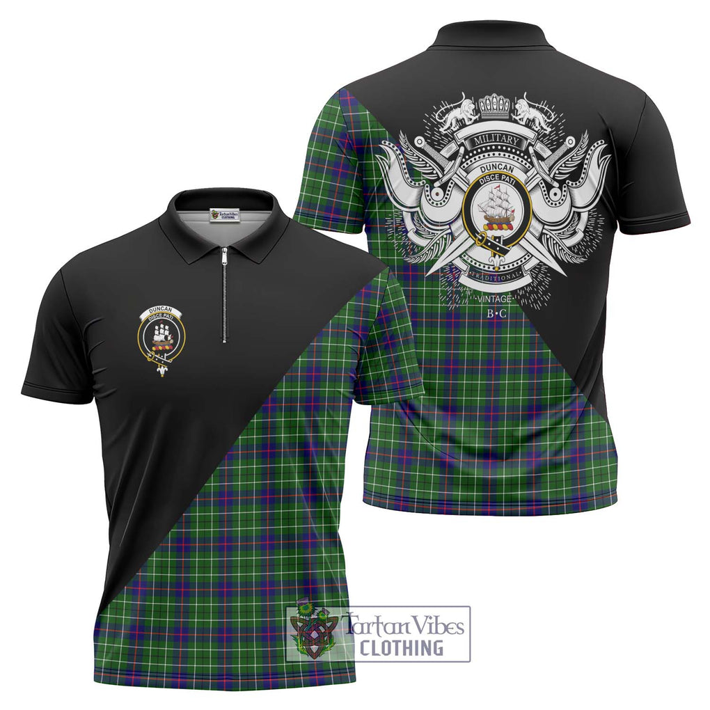 Duncan Modern Tartan Zipper Polo Shirt with Family Crest and Military Logo Style Unisex - Tartanvibesclothing Shop