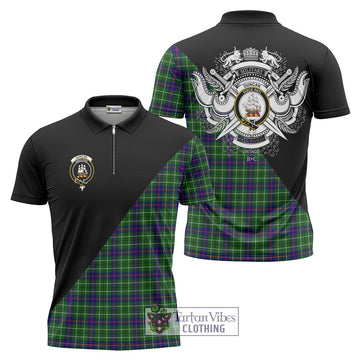 Duncan Modern Tartan Zipper Polo Shirt with Family Crest and Military Logo Style