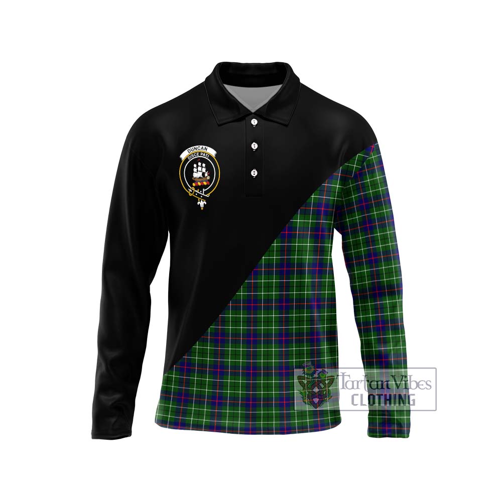 Tartan Vibes Clothing Duncan Modern Tartan Long Sleeve Polo Shirt with Family Crest and Military Logo Style