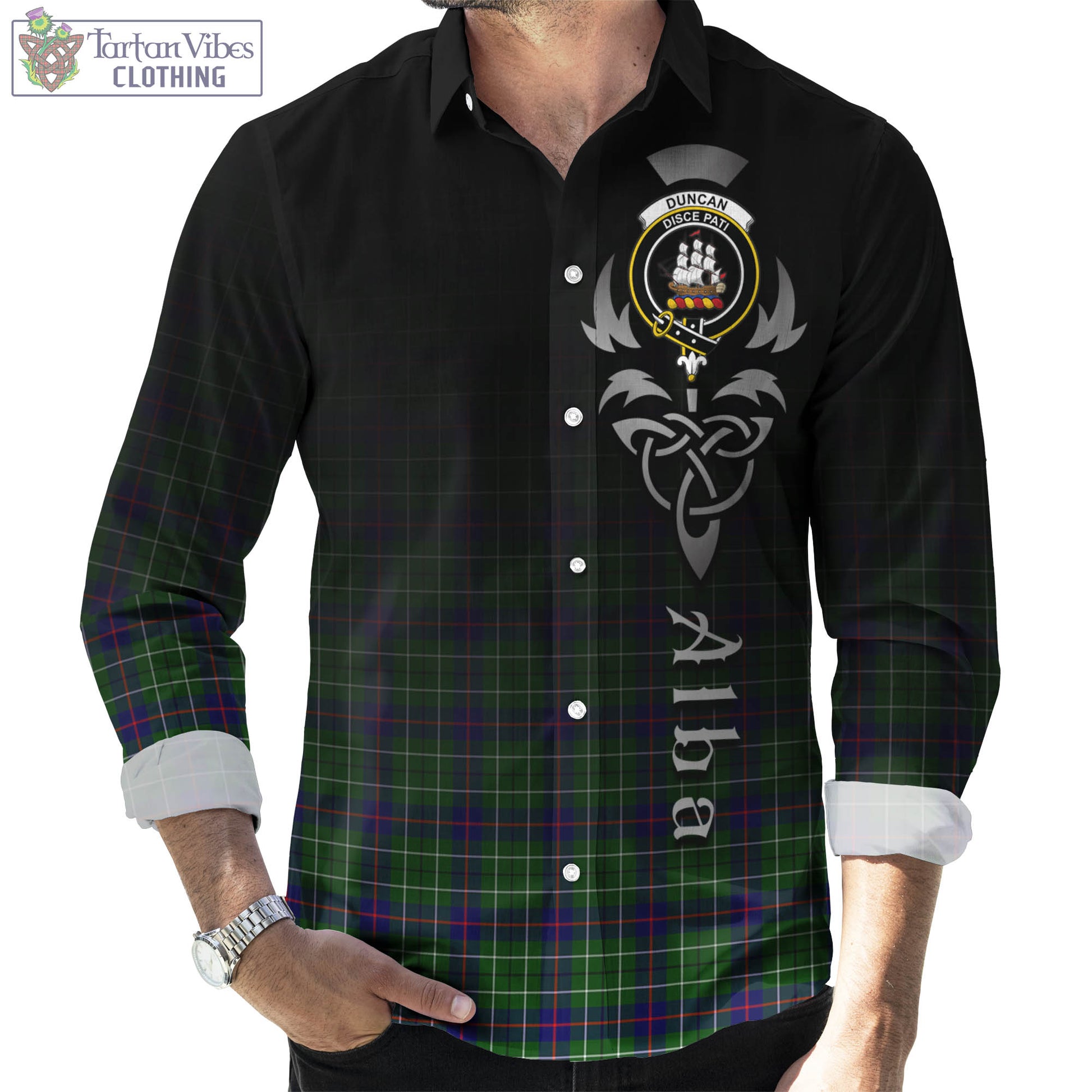 Tartan Vibes Clothing Duncan Modern Tartan Long Sleeve Button Up Featuring Alba Gu Brath Family Crest Celtic Inspired