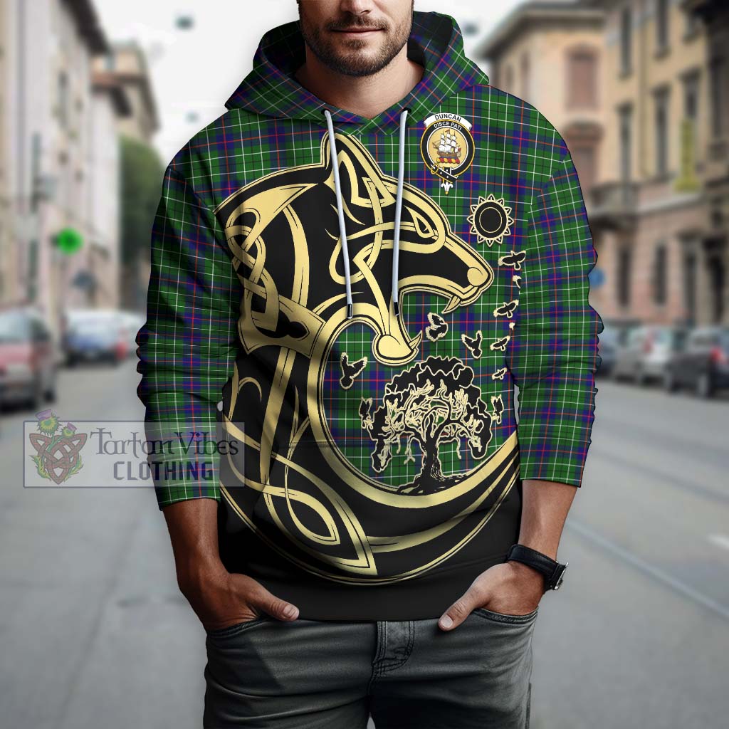 Tartan Vibes Clothing Duncan Modern Tartan Hoodie with Family Crest Celtic Wolf Style