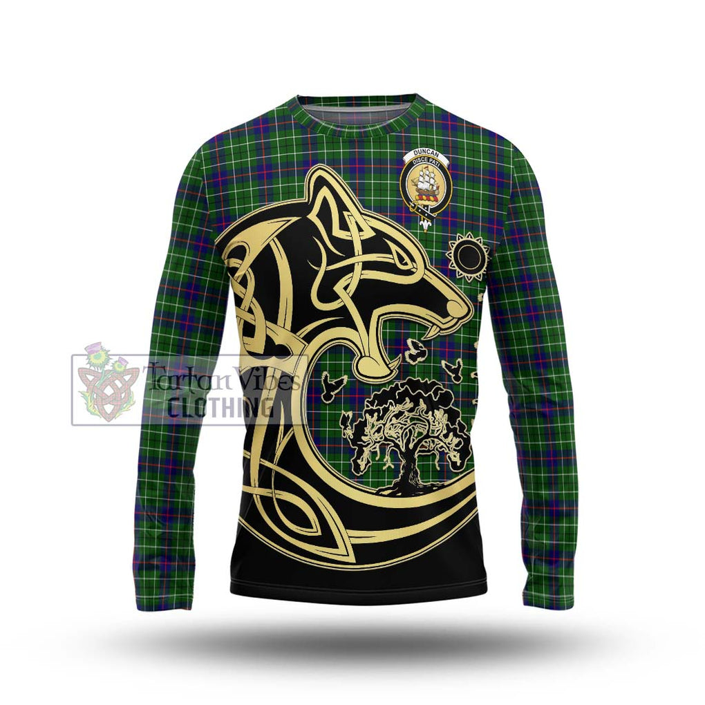 Duncan Modern Tartan Long Sleeve T-Shirt with Family Crest Celtic Wolf Style Unisex - Tartan Vibes Clothing