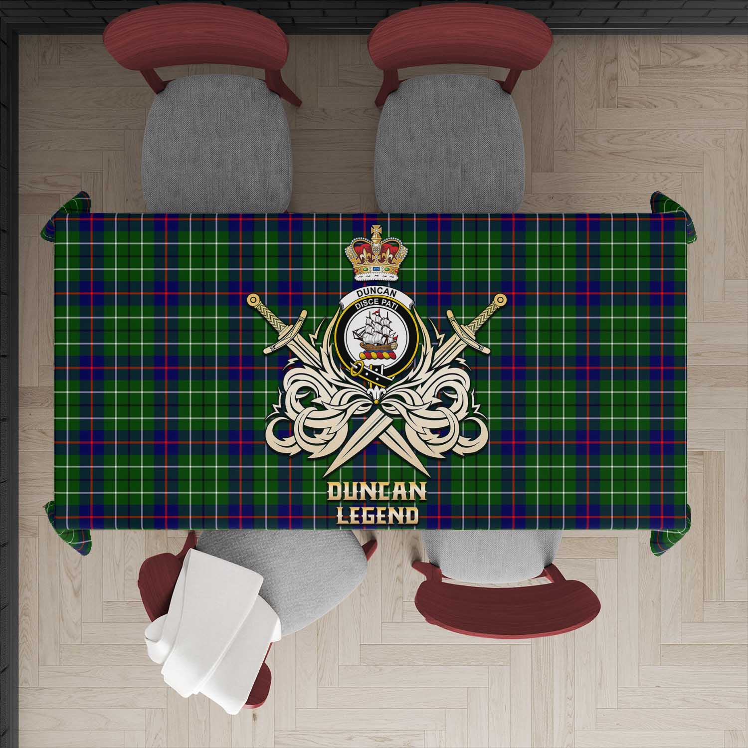 Tartan Vibes Clothing Duncan Modern Tartan Tablecloth with Clan Crest and the Golden Sword of Courageous Legacy