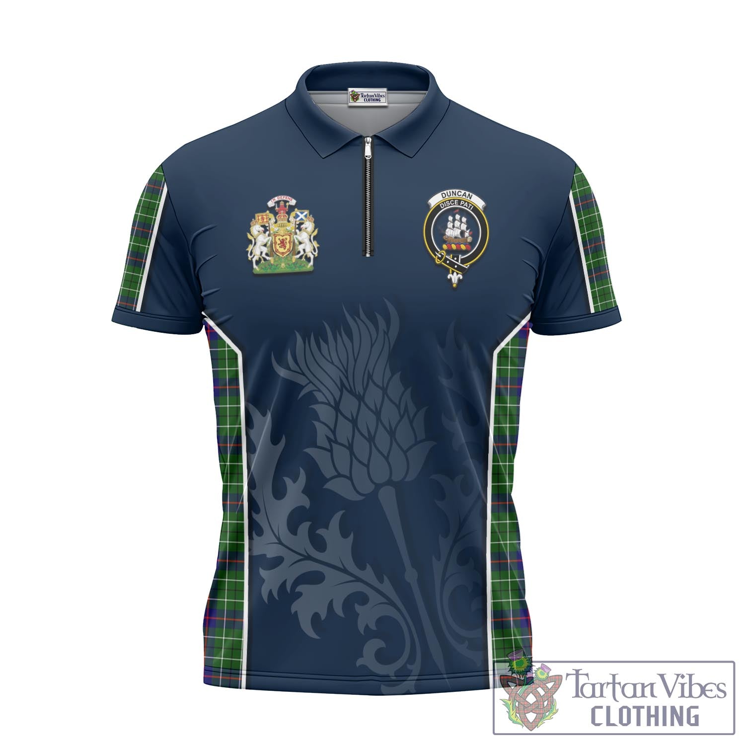 Tartan Vibes Clothing Duncan Modern Tartan Zipper Polo Shirt with Family Crest and Scottish Thistle Vibes Sport Style