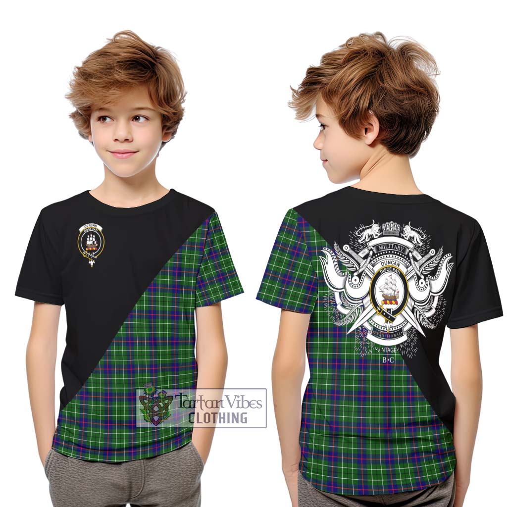 Tartan Vibes Clothing Duncan Modern Tartan Kid T-Shirt with Family Crest and Military Logo Style