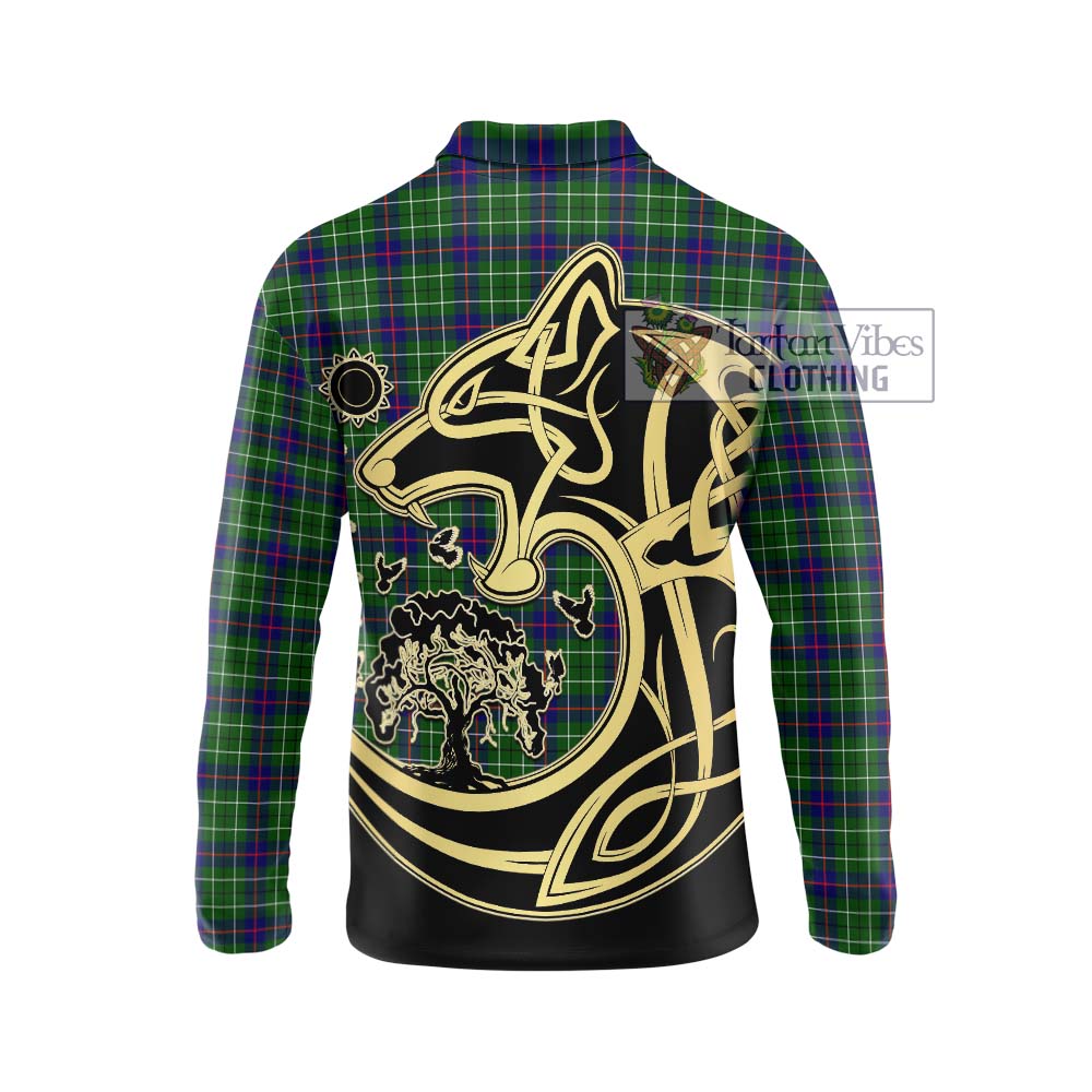 Duncan Modern Tartan Long Sleeve Polo Shirt with Family Crest Celtic Wolf Style - Tartanvibesclothing Shop