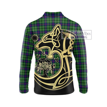 Duncan Modern Tartan Long Sleeve Polo Shirt with Family Crest Celtic Wolf Style