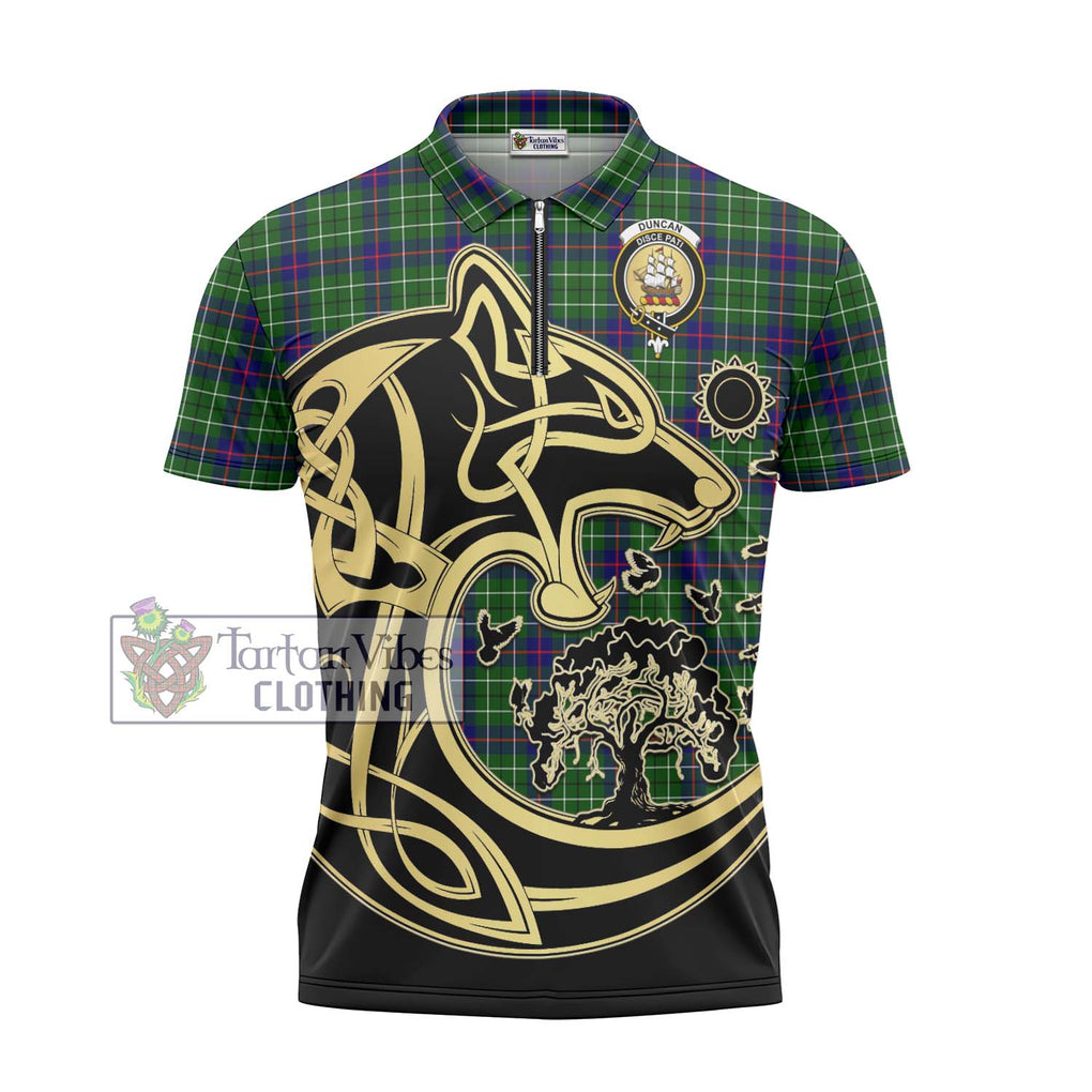 Duncan Modern Tartan Zipper Polo Shirt with Family Crest Celtic Wolf Style - Tartanvibesclothing Shop